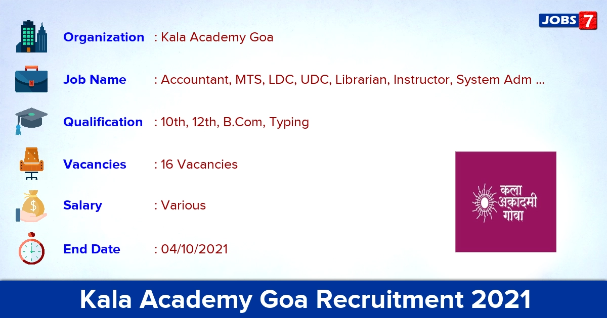 Kala Academy Goa Recruitment 2021 - Apply Online for 16 Librarian Vacancies