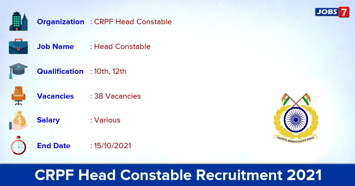 CRPF Head Constable Recruitment 2021 - Apply for 38 Vacancies