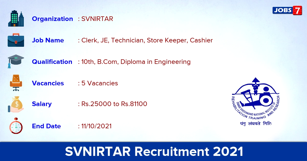 SVNIRTAR Recruitment 2021 - Apply Online for Clerk, Cashier Jobs