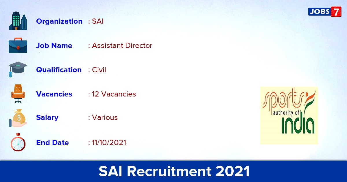 SAI Recruitment 2021 - Apply Online for 12 Assistant Director Vacancies