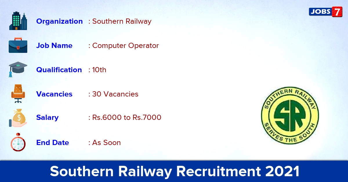 Southern Railway Recruitment 2021 - Apply Online for 30 Computer Operator Vacancies