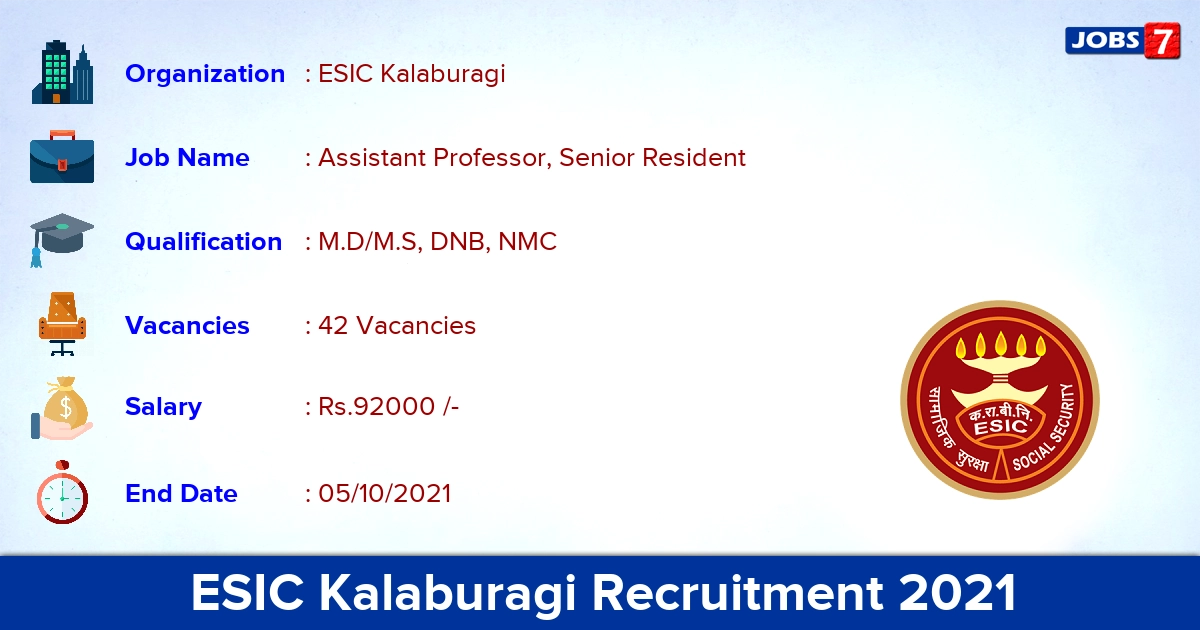ESIC Kalaburagi Recruitment 2021 - Direct Interview 42 Senior Resident Vacancies