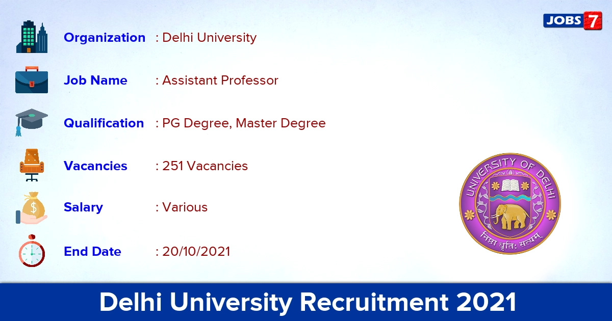 Delhi University Recruitment 2021 - Apply Online 251 Assistant Professor Vacancies