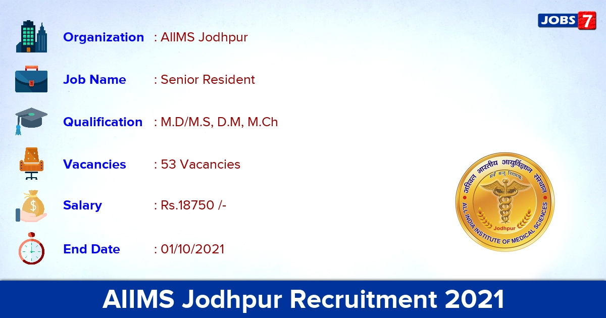 AIIMS Jodhpur Recruitment 2021 - Direct Interview for 53 Senior Resident Vacancies
