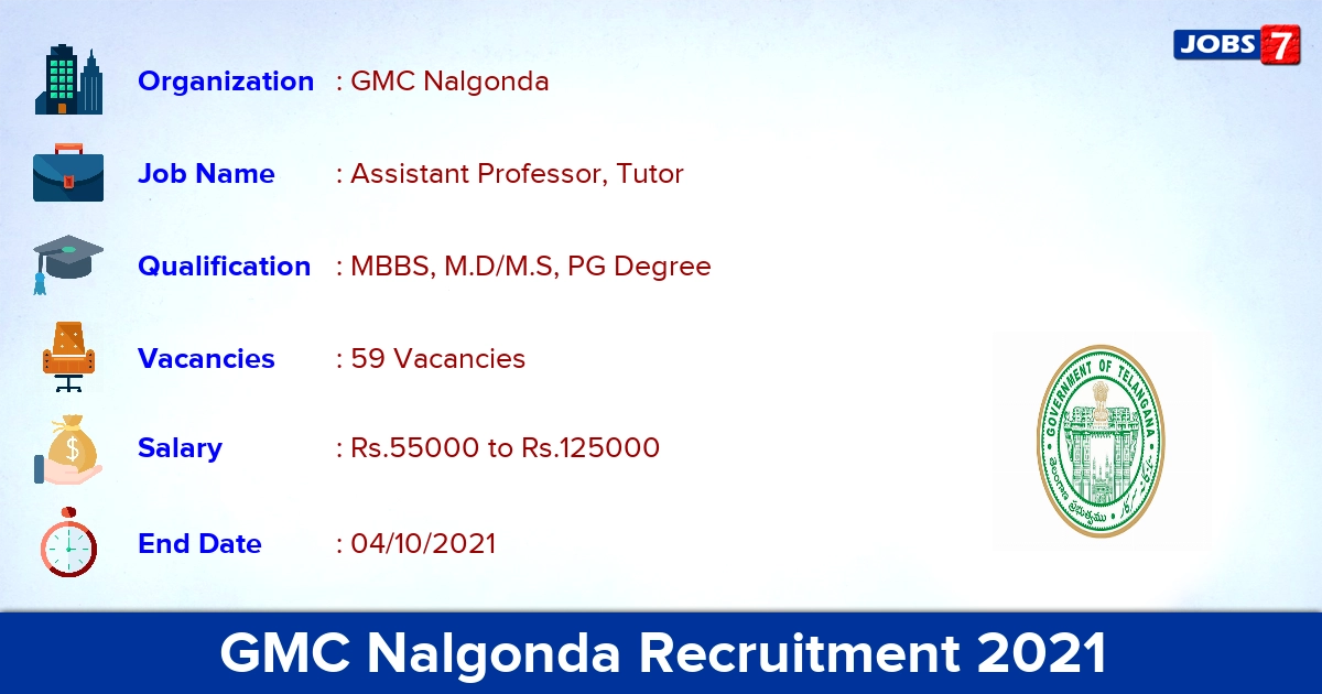 GMC Nalgonda Recruitment 2021 - Direct Interview for 59 Assistant Professor Vacancies