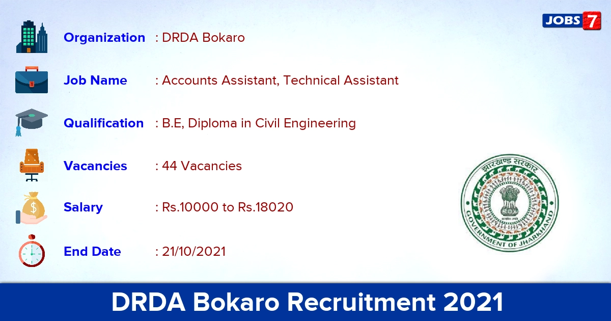 DRDA Bokaro Recruitment 2021 - Apply Online for 44 Technical Assistant Vacancies