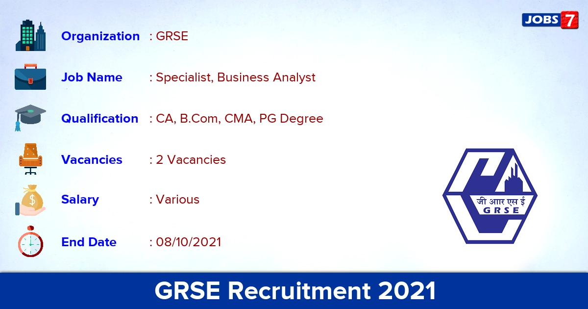 GRSE Recruitment 2021 - Apply Online for Specialist Jobs