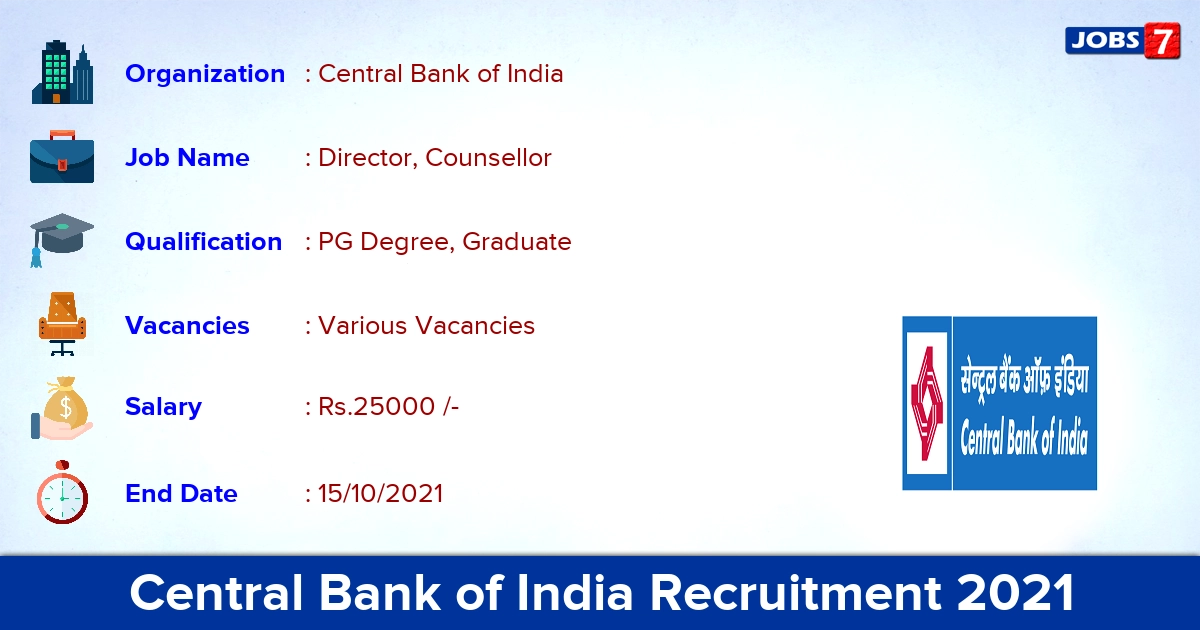 Central Bank of India Recruitment 2021 - Apply for Counsellor Vacancies