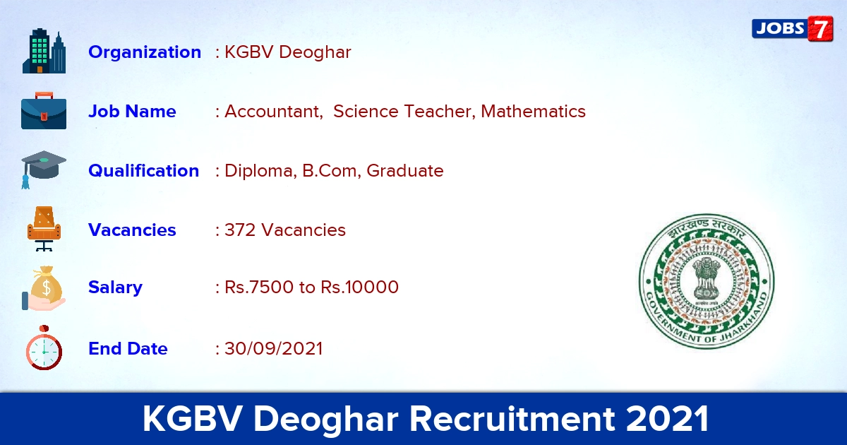 KGBV Deoghar Recruitment 2021 - Apply 372 Accountant, Teacher Vacancies