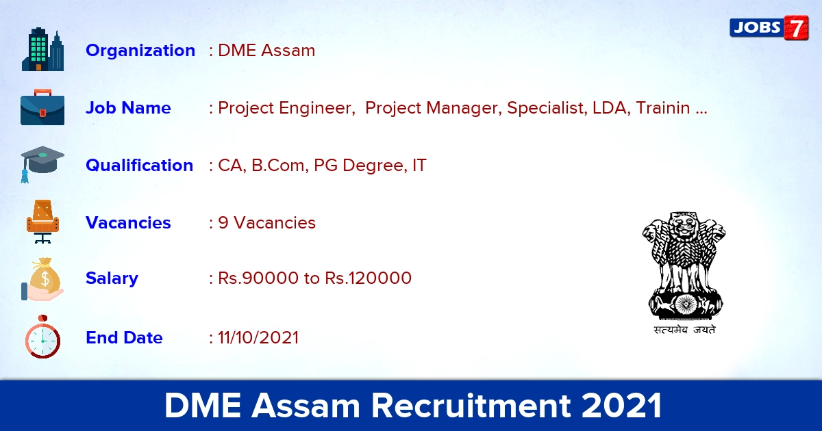 DME Assam Recruitment 2021 - Apply for Project Engineer Jobs