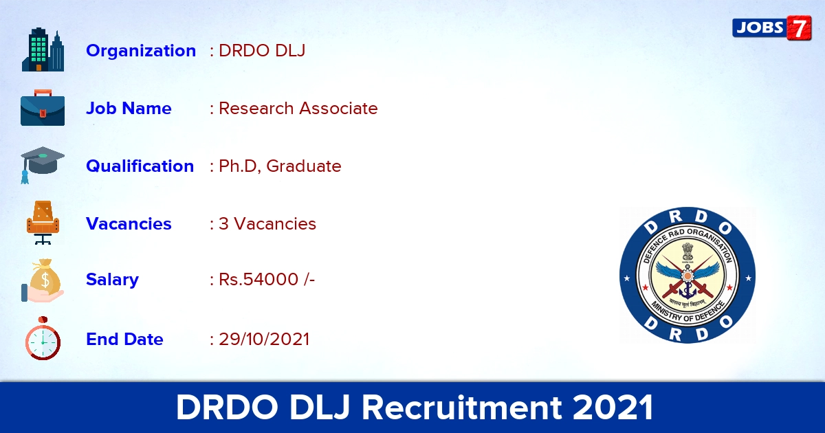 DRDO DLJ Recruitment 2021 - Direct Interview for Research Associate Jobs