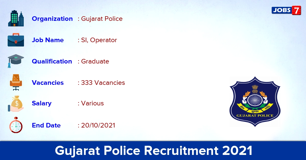 Gujarat Police Recruitment 2021 - Apply 333 SI, Operator Vacancies