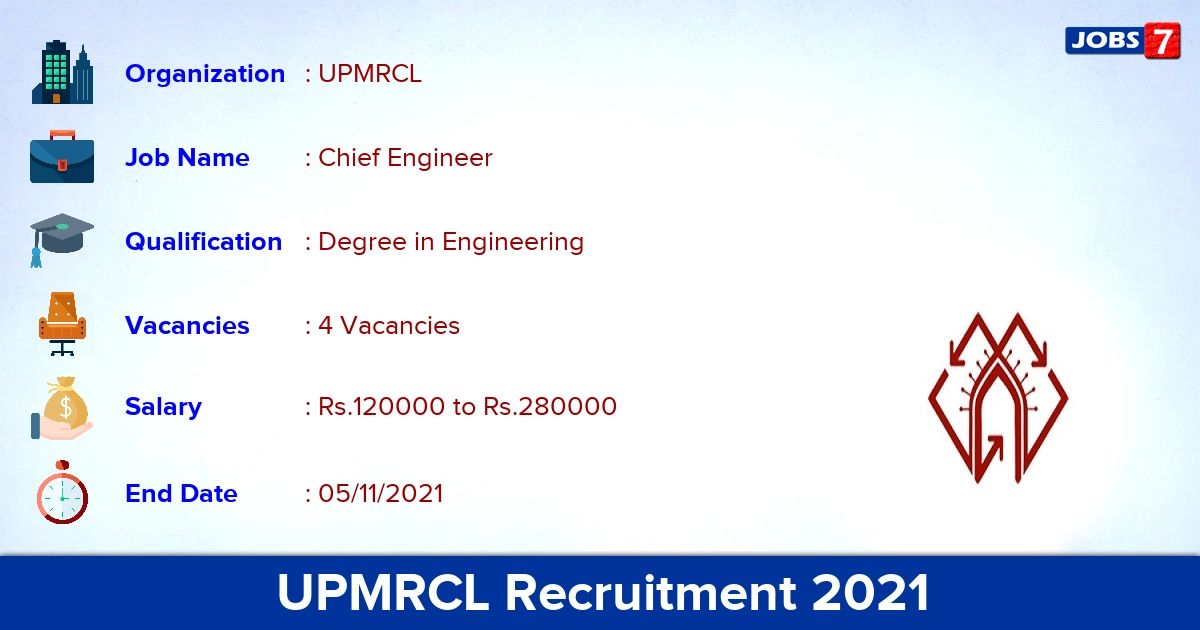 UPMRCL Recruitment 2021 - Apply Offline for Chief Engineer Jobs