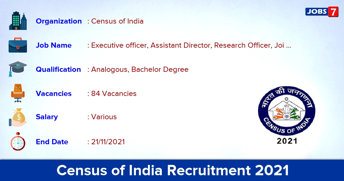 Census of India Recruitment 2021 - Apply for 84 Assistant Director Vacancies