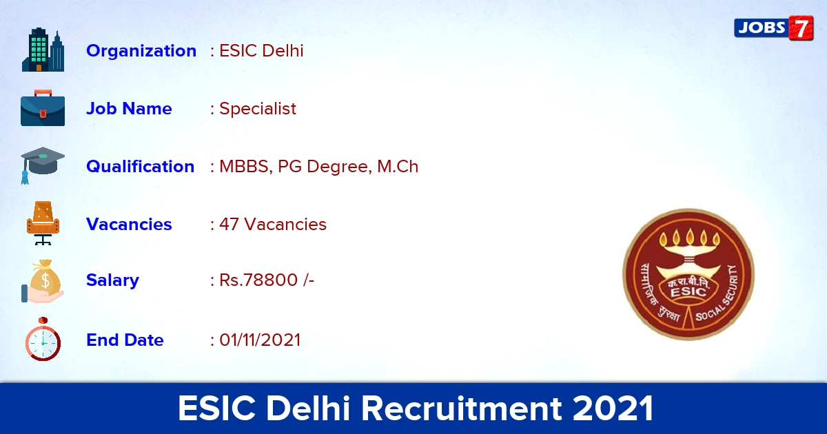 ESIC Delhi Recruitment 2021 - Apply for 47 Specialist Vacancies