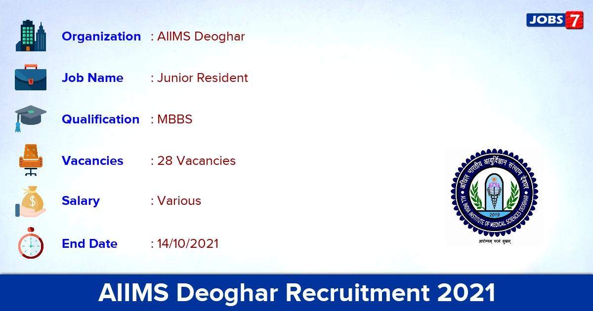 AIIMS Deoghar Recruitment 2021 - Direct Interview for 28 Junior Resident Vacancies