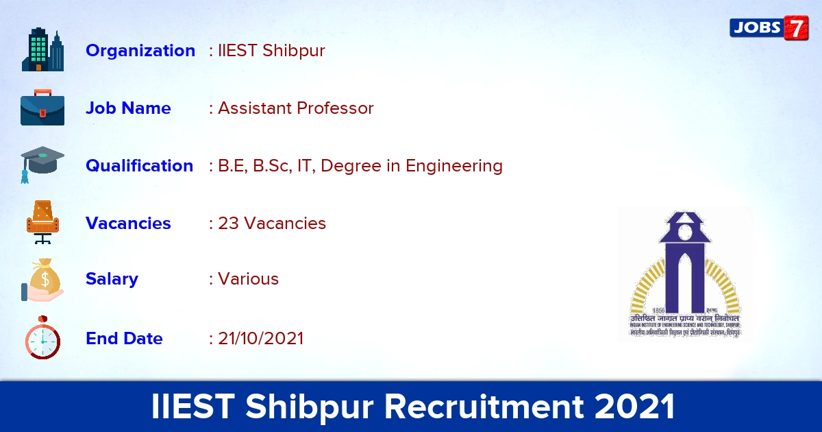 IIEST Shibpur Recruitment 2021 - Apply Online 23 Assistant Professor Vacancies