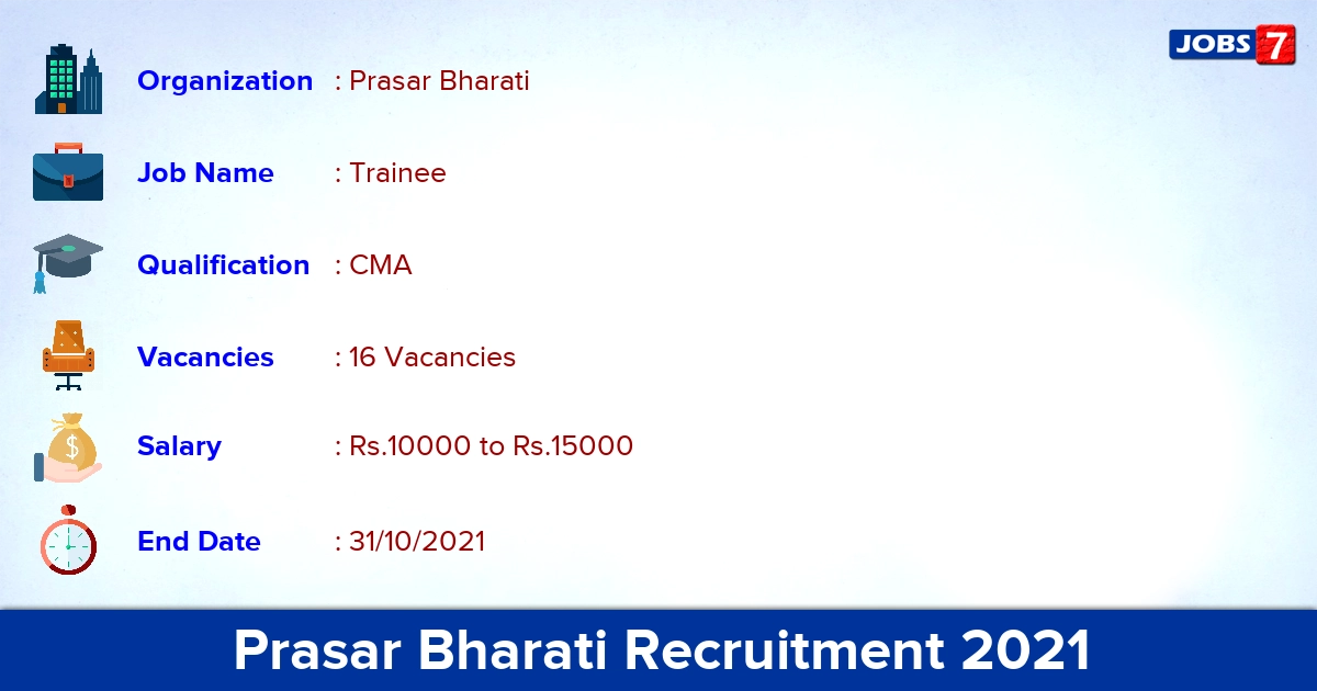 Prasar Bharati Recruitment 2021 - Apply Online for 16 Cost Trainee Vacancies