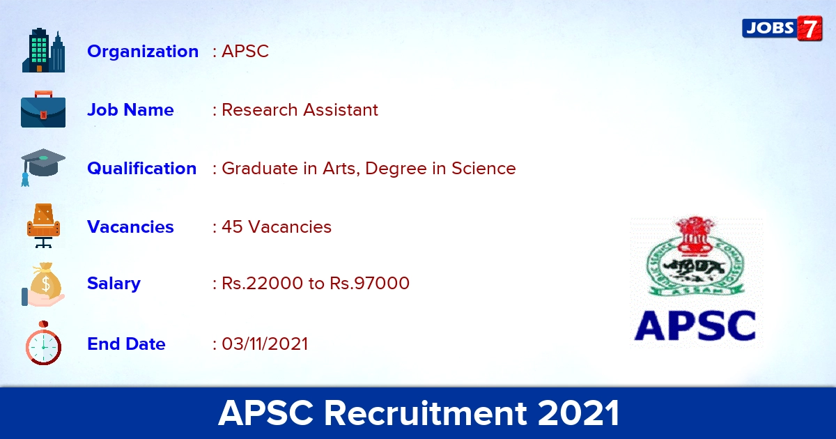 APSC Recruitment 2021 - Apply for 45 Research Assistant Vacancies