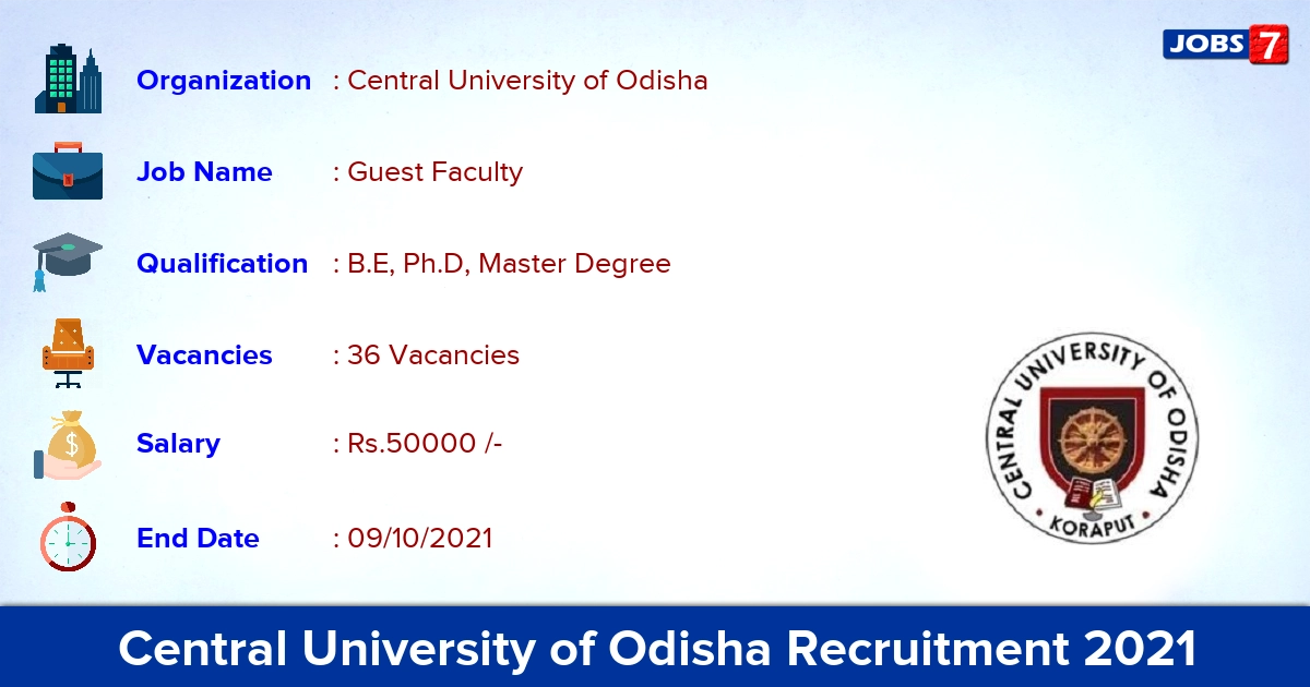 Central University of Odisha Recruitment 2021 - Direct Interview 36 Guest Faculty Vacancies