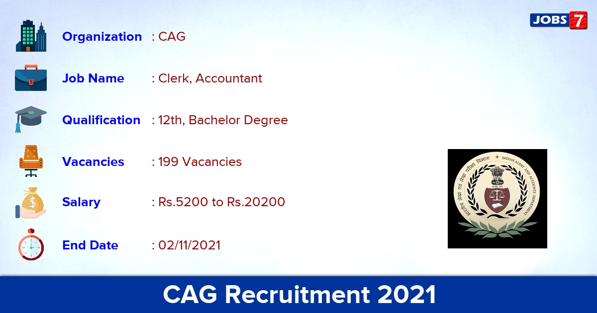 CAG Recruitment 2021 - Apply for 199 Clerk, Accountant Vacancies