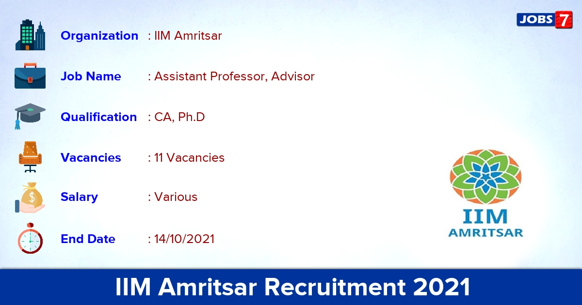 IIM Amritsar Recruitment 2021 - Apply Online for 11 Assistant Professor Vacancies