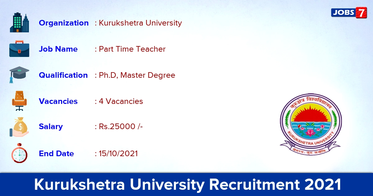 Kurukshetra University Recruitment 2021 - Apply for Part Time Teacher Jobs