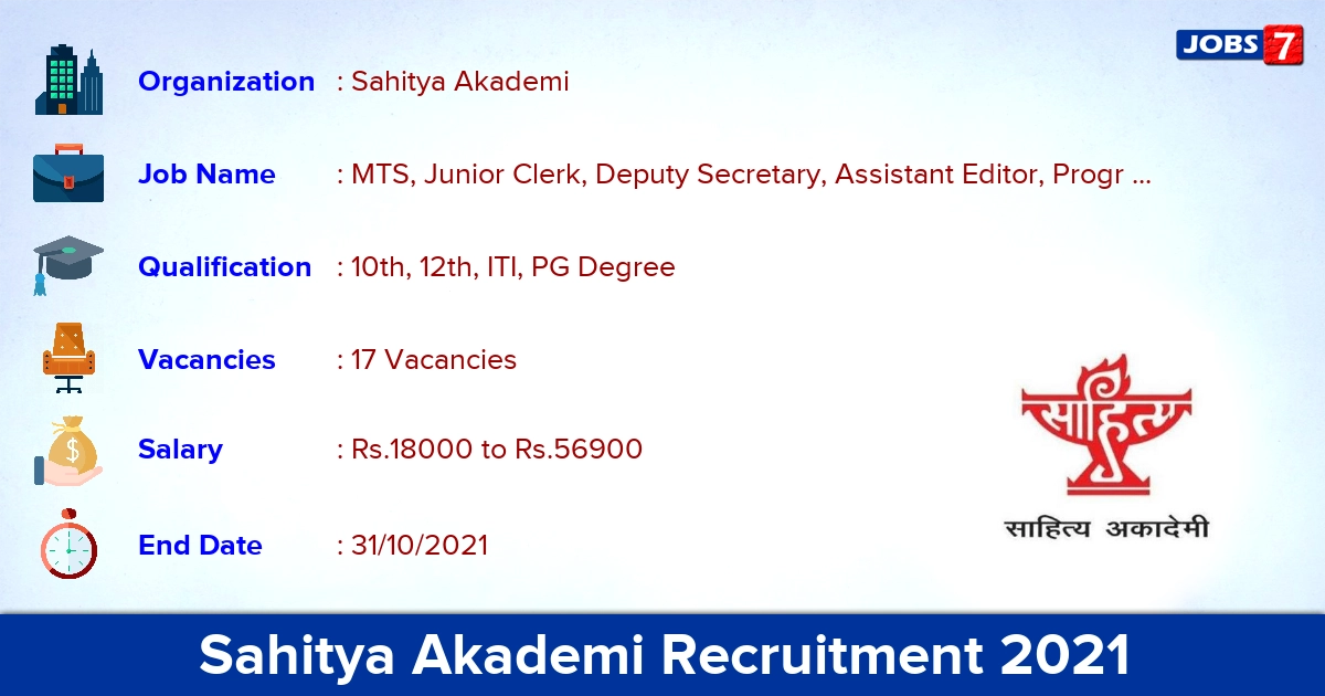 Sahitya Akademi Recruitment 2021 - Apply for 17 MTS, Junior Clerk Vacancies