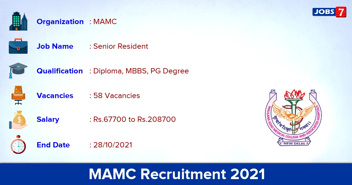 MAMC Recruitment 2021 - Direct Interview for 58 Senior Resident Vacancies