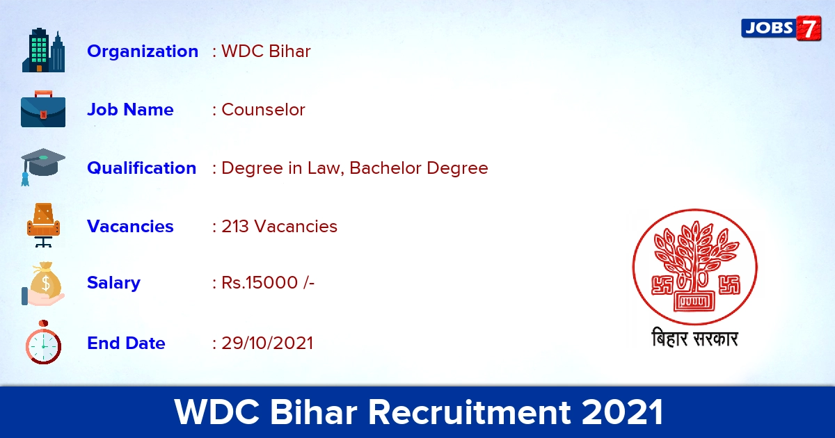 WDC Bihar Recruitment 2021 - Apply Online for 213 Counselor Vacancies