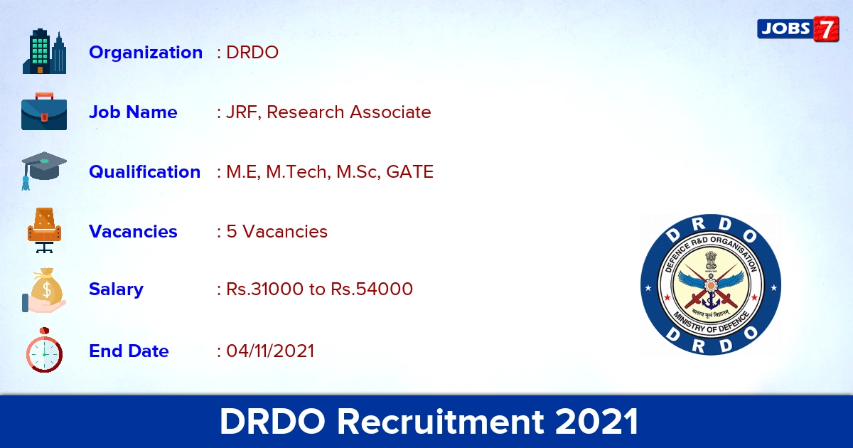 DRDO Recruitment 2021 - Apply Offline for JRF, Research Associate Jobs
