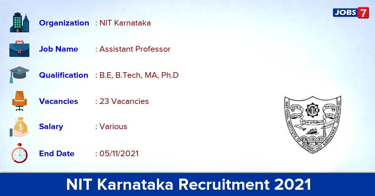 NIT Karnataka Recruitment 2021 - Apply Online for 23 Assistant Professor Vacancies