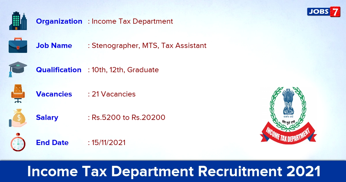 Income Tax Department Recruitment 2021 - Apply for 21 Tax Assistant Vacancies