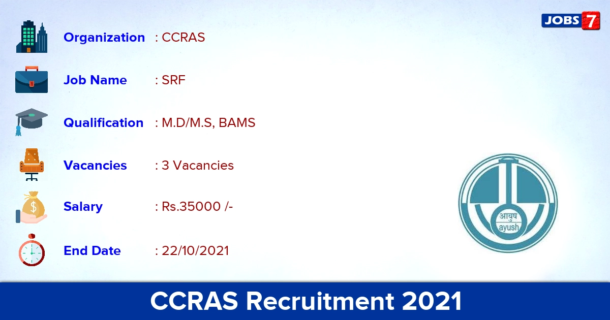 CCRAS Recruitment 2021 - Direct Interview for SRF Jobs