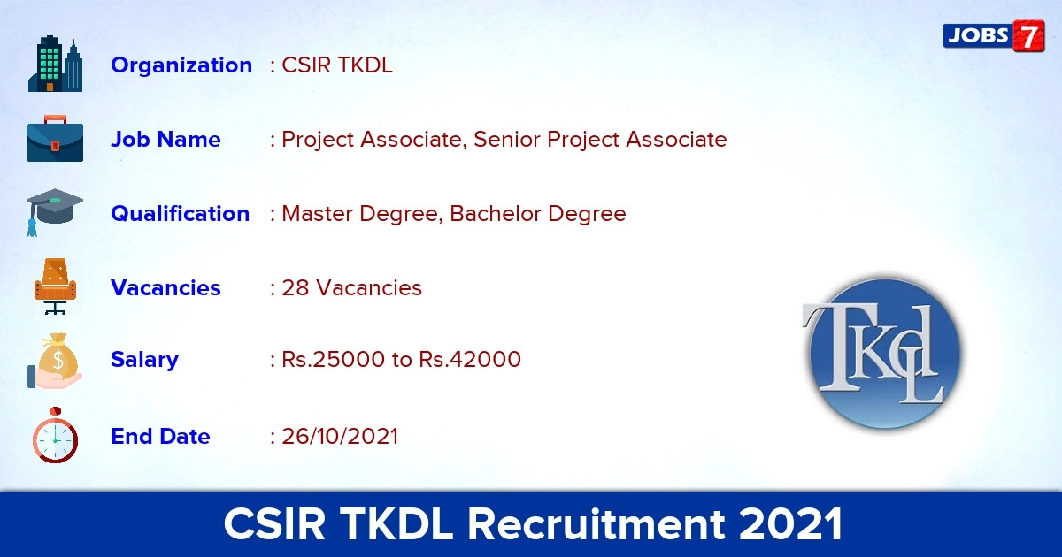 CSIR TKDL Recruitment 2021 - Apply 28 Project Associate Vacancies
