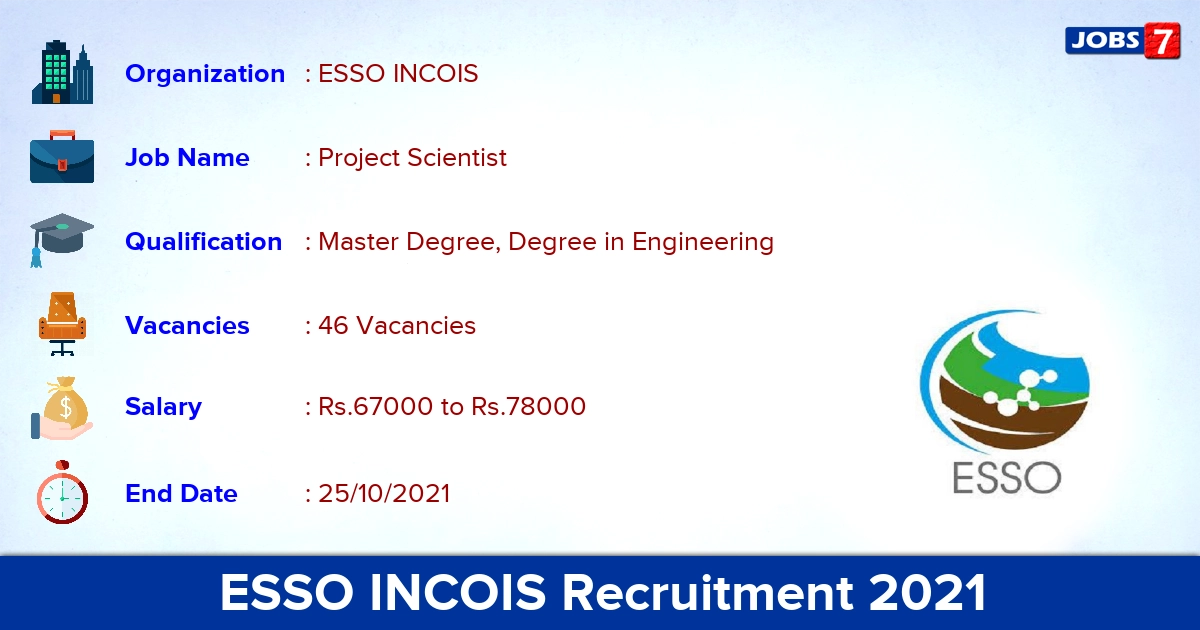 ESSO INCOIS Recruitment 2021 - Apply for 46 Project Scientist Vacancies