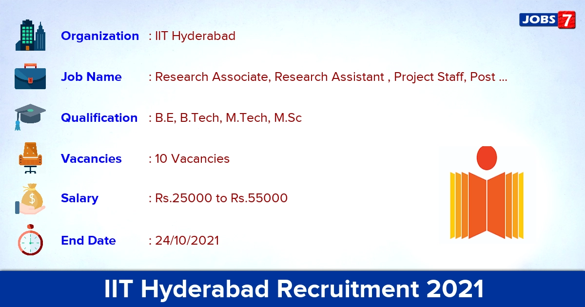 IIT Hyderabad Recruitment 2021 - Apply Online for 10 Research Associate Vacancies IIT Hyderabad Recruitment 2021 - Apply Online for 10 Research Associate Vacancies