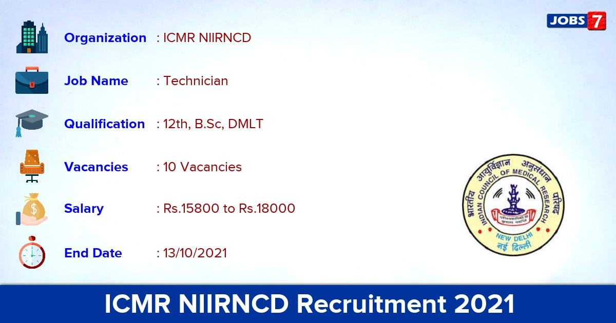ICMR NIIRNCD Recruitment 2021 - Direct Interview for 10 Technician Vacancies