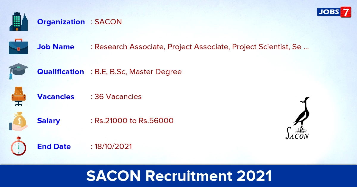 SACON Recruitment 2021 - Apply for 36 Junior Research Biologist Vacancies