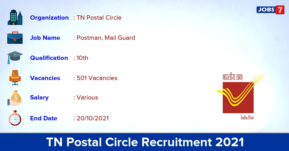 TN Postal Circle Recruitment 2021 - Apply for 501 Postman, Mail Guard Vacancies