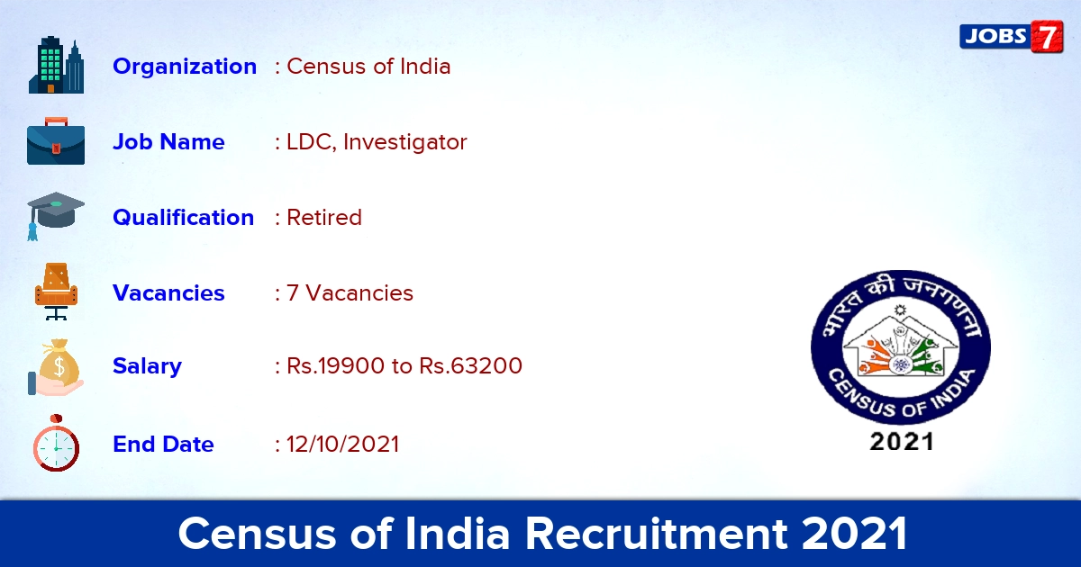 Census of India Recruitment 2021 - Apply Online for LDC, Investigator Jobs