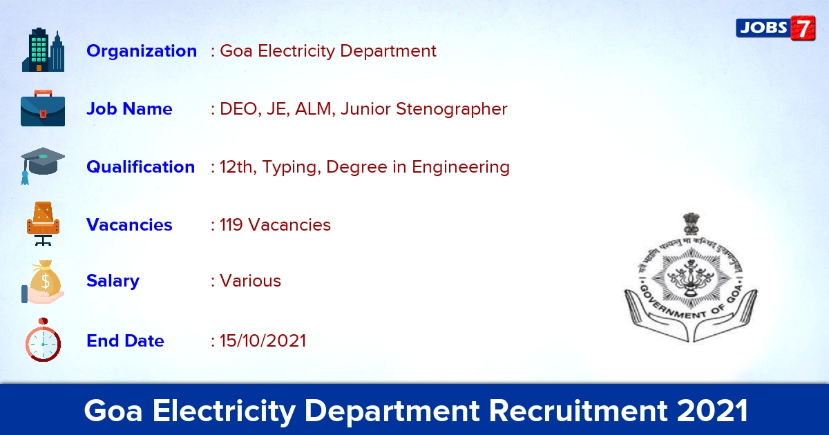 Goa Electricity Department Recruitment 2021 - Apply for 119 DEO, JE Vacancies