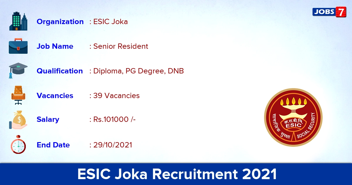 ESIC Joka Recruitment 2021 - Direct Interview for 39 Senior Resident Vacancies ESIC Joka Recruitment 2021 - Direct Interview for 39 Senior Resident Vacancies