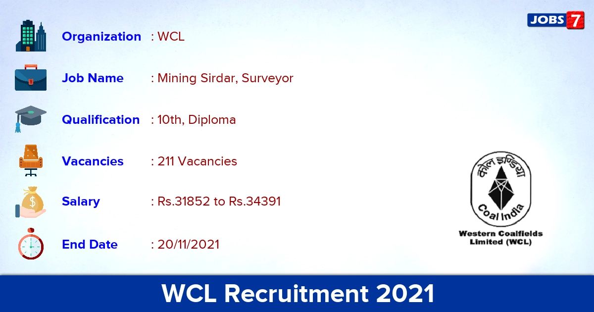 WCL Recruitment 2021 - Apply Online for 211 Mining Sirdar Vacancies