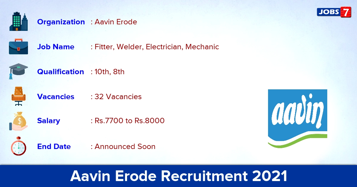 Aavin Erode Recruitment 2021 - Apply Online for 32 Fitter, Welder Vacancies