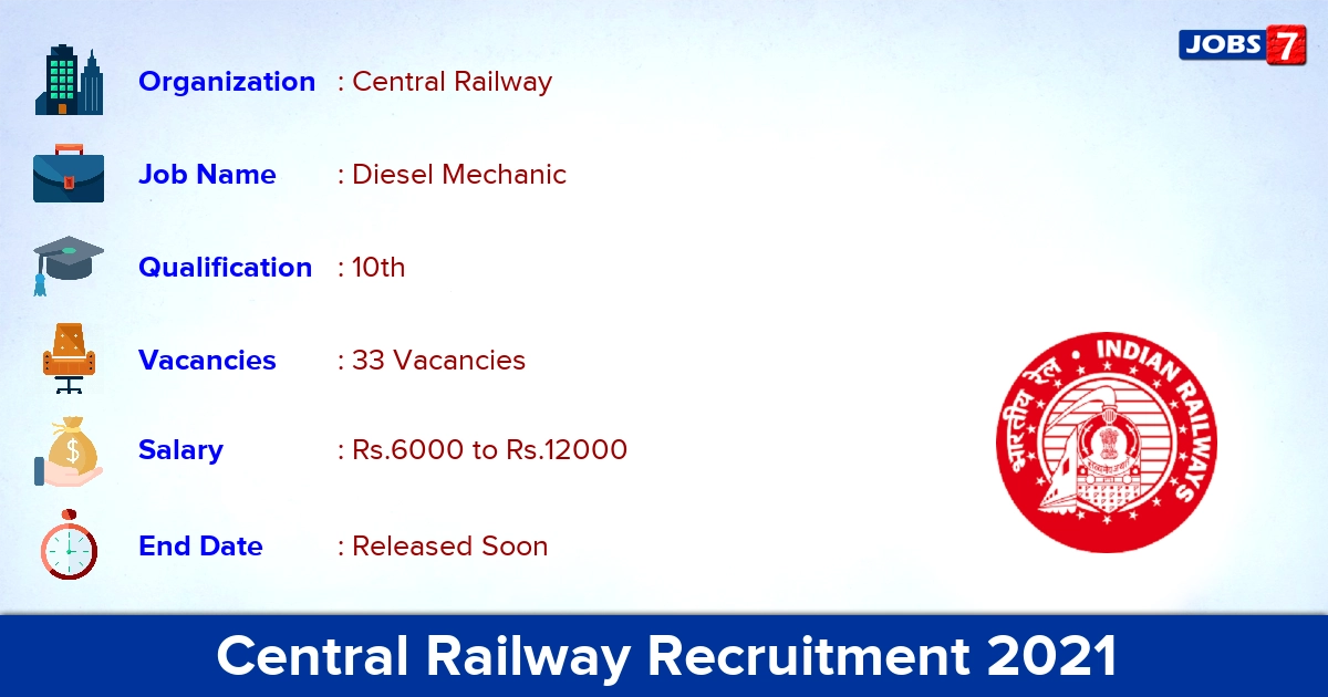 Central Railway Recruitment 2021 - Apply Online for 33 Diesel Mechanic Vacancies