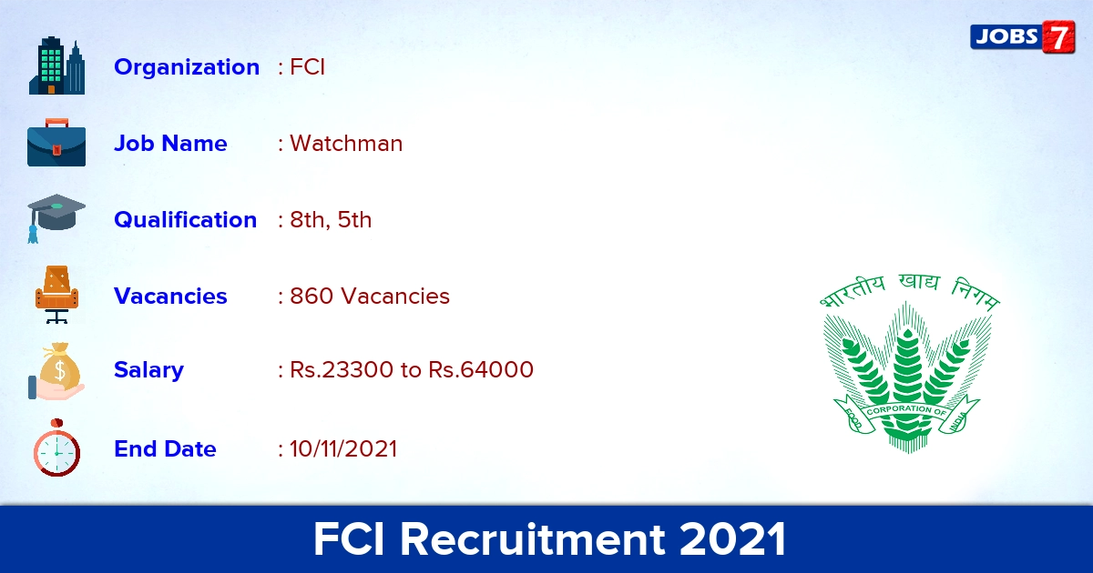 FCI Recruitment 2021 - Apply Online for 860 Watchman Vacancies