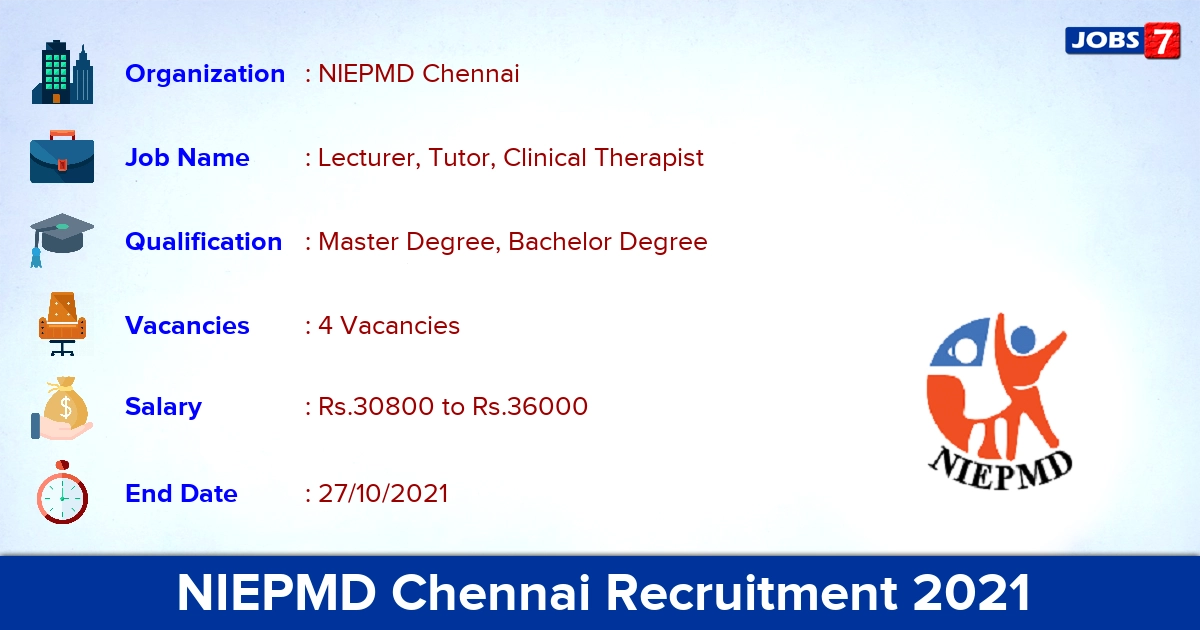 NIEPMD Chennai Recruitment 2021 - Direct Interview for Lecturer Jobs
