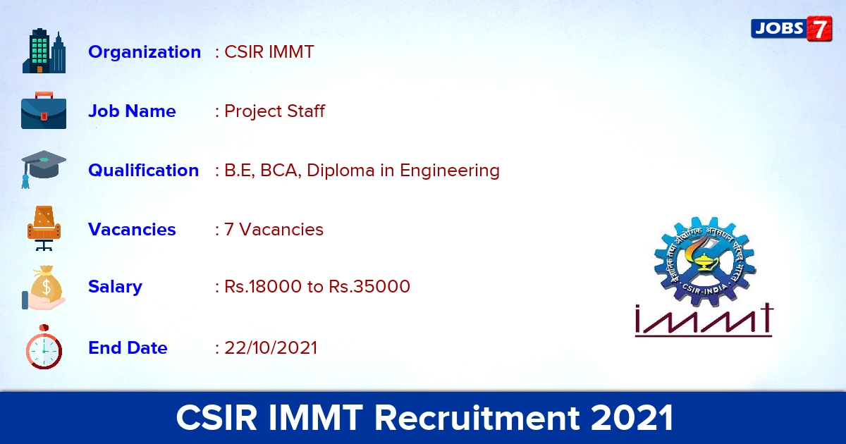 CSIR IMMT Recruitment 2021 - Apply Online for Project Staff Jobs