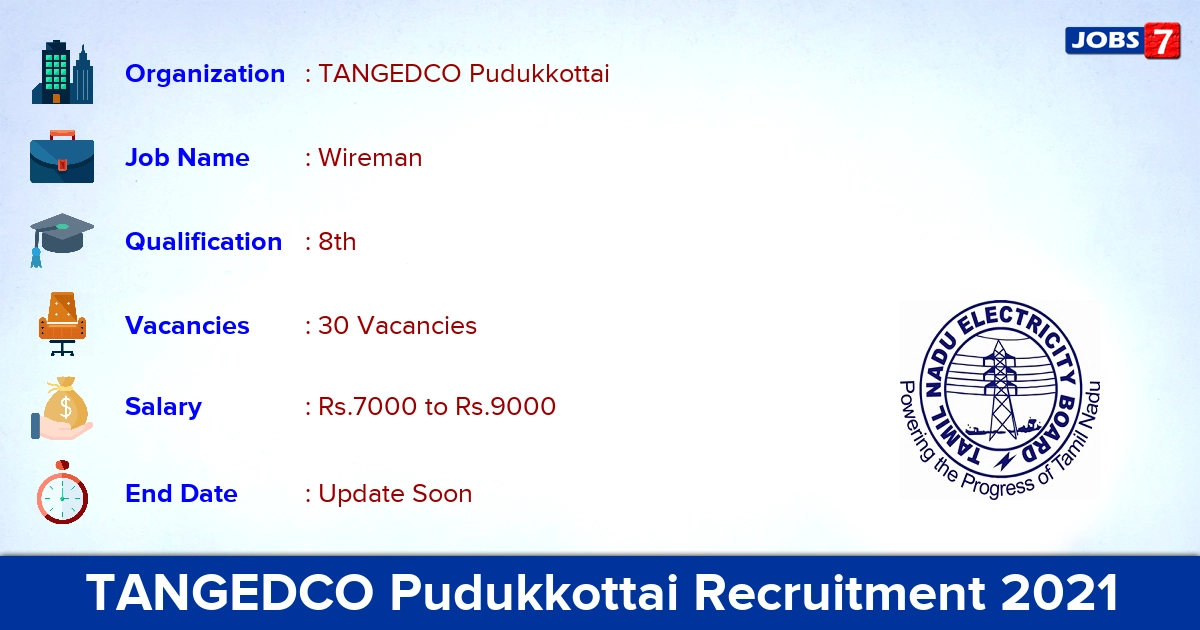 TANGEDCO Pudukkottai Recruitment 2021 - Apply for 30 Wireman Vacancies